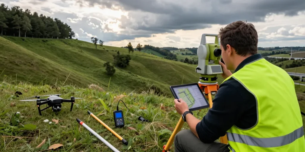 Surveyor conducting topographical surveys Southampton with high-tech equipment on a hillside, ensuring accurate land measurements.