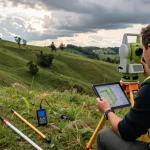 Surveyor conducting topographical surveys Southampton with high-tech equipment on a hillside, ensuring accurate land measurements.