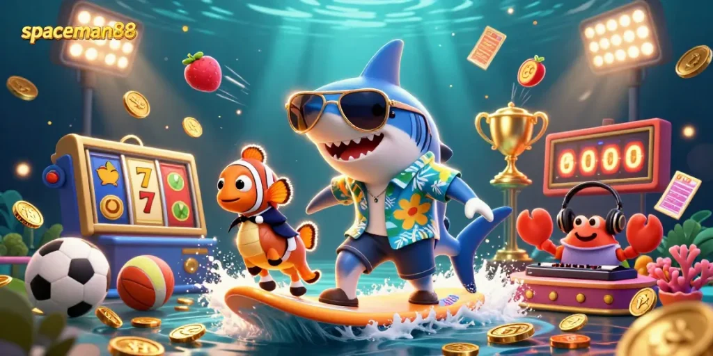 spaceman88 showcases a vibrant 3D illustration of a shark surfing on coins with dynamic casino elements.