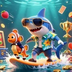 spaceman88 showcases a vibrant 3D illustration of a shark surfing on coins with dynamic casino elements.