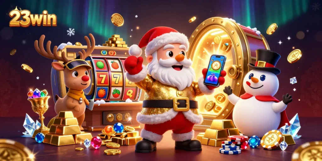 Experience jackpot fun with 23win: Santa Claus, reindeer, and snowman celebrate casino wins!