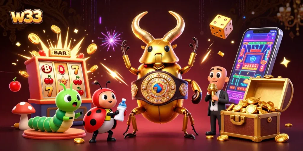 Watch the giant stag beetle champion battle at w33 casino amidst jackpot thrills and vibrant gaming energy.