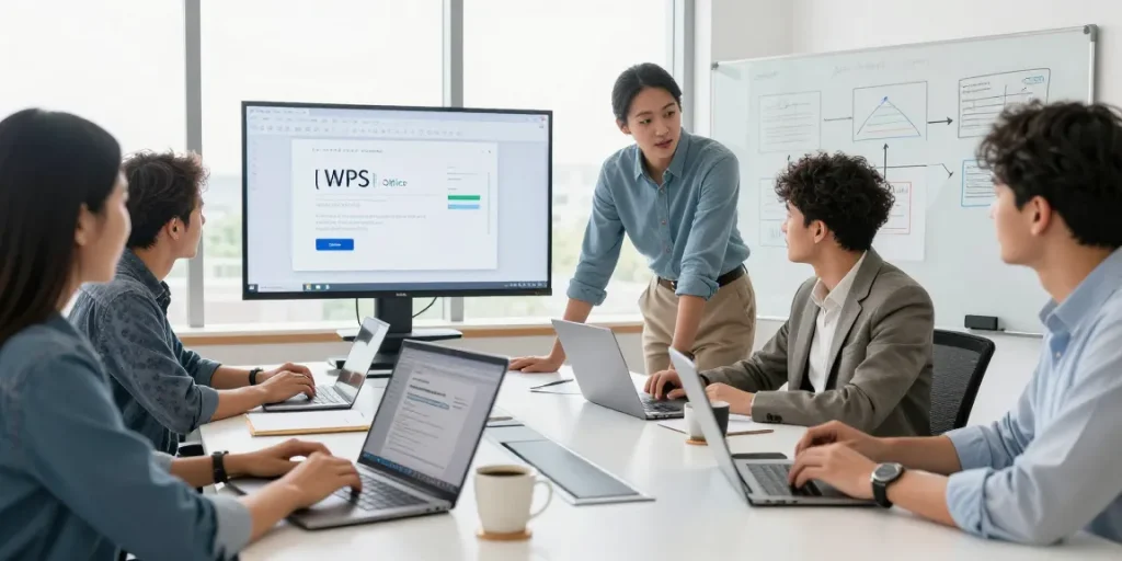 团队在现代办公室协作使用WPS办公软件,展现高效工作的环境