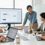 团队在现代办公室协作使用WPS办公软件，展现高效工作的环境