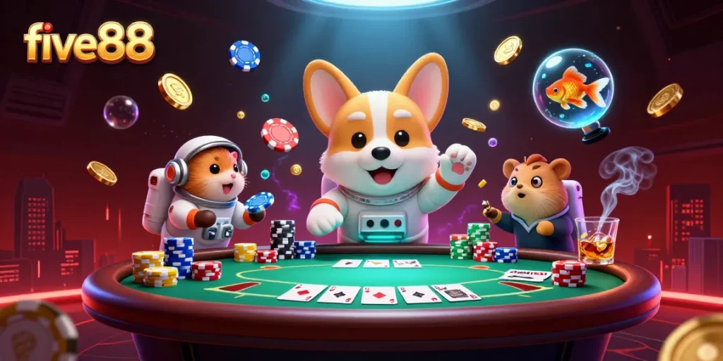 Experience thrilling action at five88 with a cartoon astronaut corgi in a dynamic casino scene.