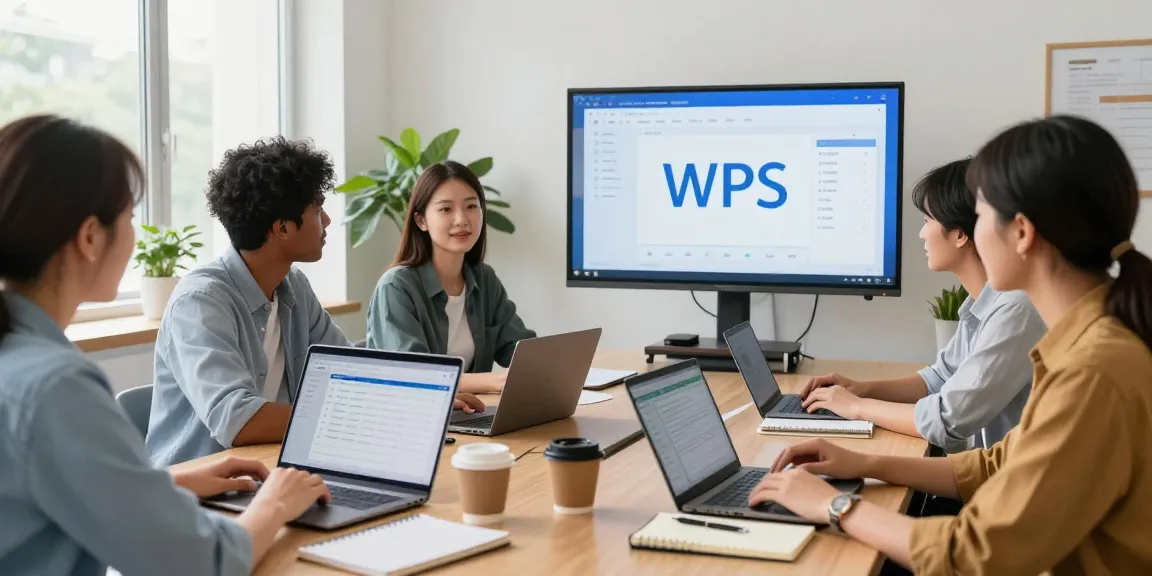 WPS办公软件在现代办公室中使用的团队协作场景，展示了高效办公氛围