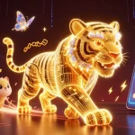 Engage with 555win's vibrant digital casino experience featuring a neon-wireframe golden tiger and crypto elements.