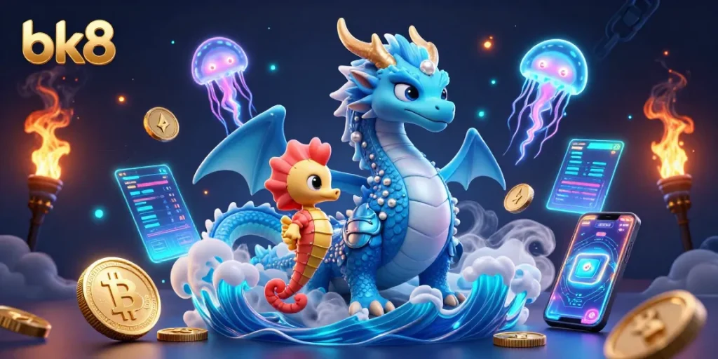 Bettors explore bk8's vibrant gaming world with crypto coins and interactive marine characters.