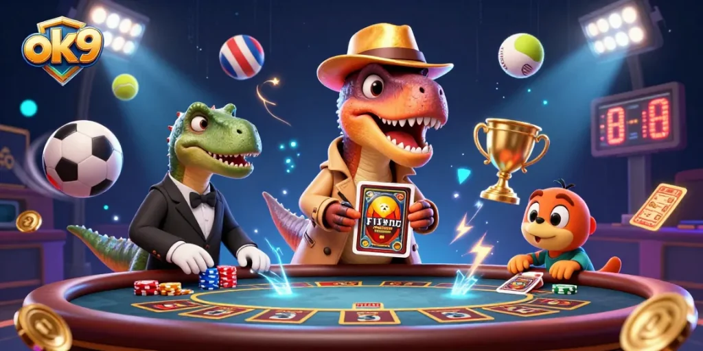 ok9 showcases a cartoon velociraptor card counter and dinosaurs at a vibrant blackjack table