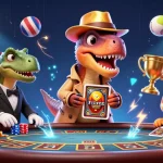 ok9 showcases a cartoon velociraptor card counter and dinosaurs at a vibrant blackjack table