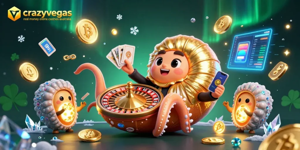 Engage with crazyvegas real money online casinos Australia featuring a vibrant 3D nautilus and glowing crypto coins.