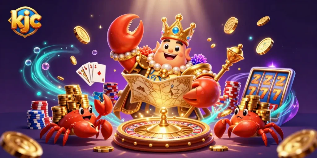 Engage with KJC's vibrant gaming ecosystem showcasing a golden crab emperor and treasures.