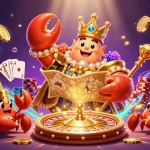 Engage with KJC's vibrant gaming ecosystem showcasing a golden crab emperor and treasures.