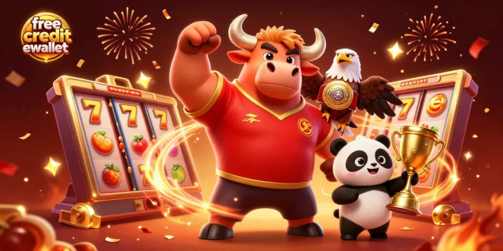 Win big with free credit ewallet at the casino, featuring a bull mascot and vibrant gaming elements.