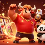 Win big with free credit ewallet at the casino, featuring a bull mascot and vibrant gaming elements.
