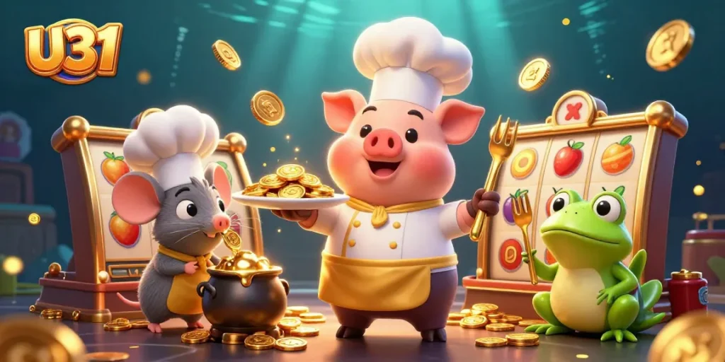 Experience thrilling gameplay at U31 with a vibrant scene featuring characters amidst golden slot reels and jackpot coins.