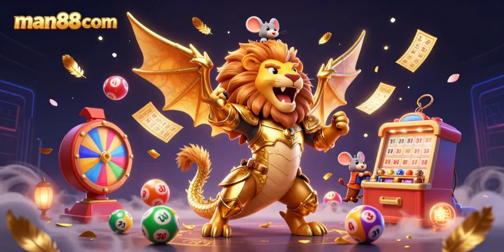 Experience thrilling games at man88com with vibrant lottery and bingo illustrations.