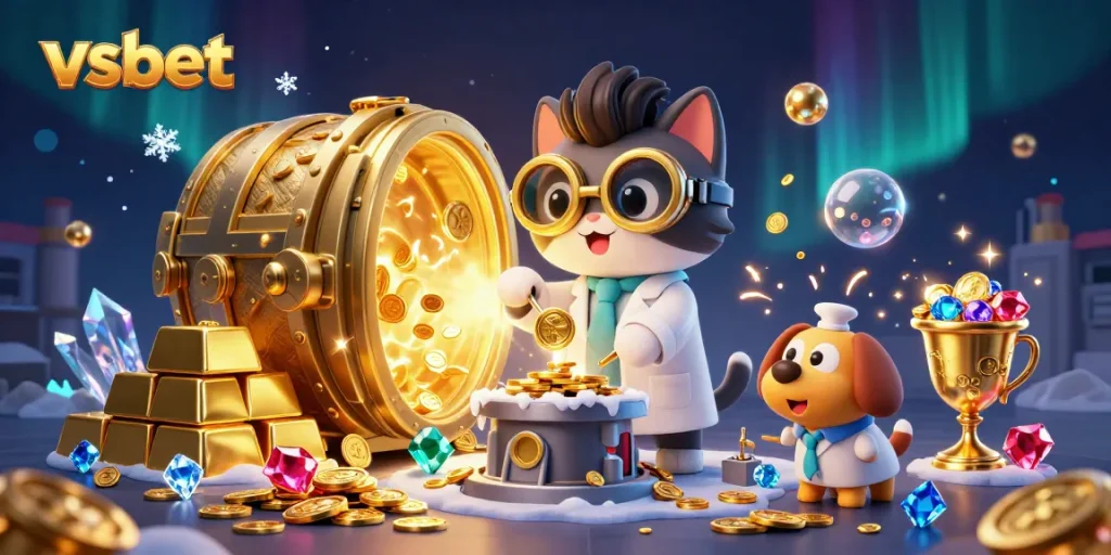 Experience the excitement of vsbet with a mad scientist cat and assistant creating wealth in a vibrant casino setting.