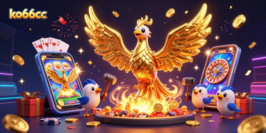 Experience exciting gaming moments at ko66cc with vibrant casino elements and a mythical phoenix.