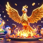 Experience exciting gaming moments at ko66cc with vibrant casino elements and a mythical phoenix.