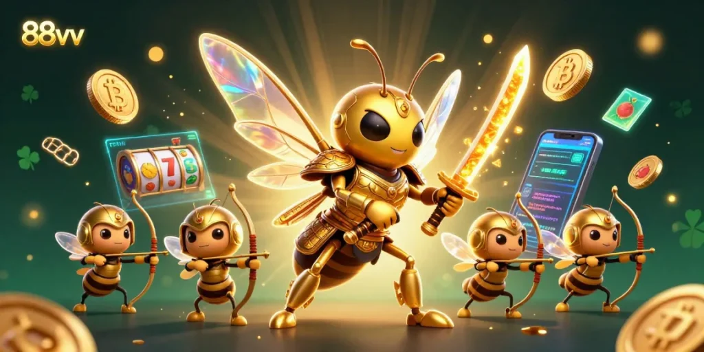 Engage in exciting gameplay with 88vv's captivating 3D illustration of a golden hornet warrior amidst casino symbols.