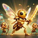 Engage in exciting gameplay with 88vv's captivating 3D illustration of a golden hornet warrior amidst casino symbols.