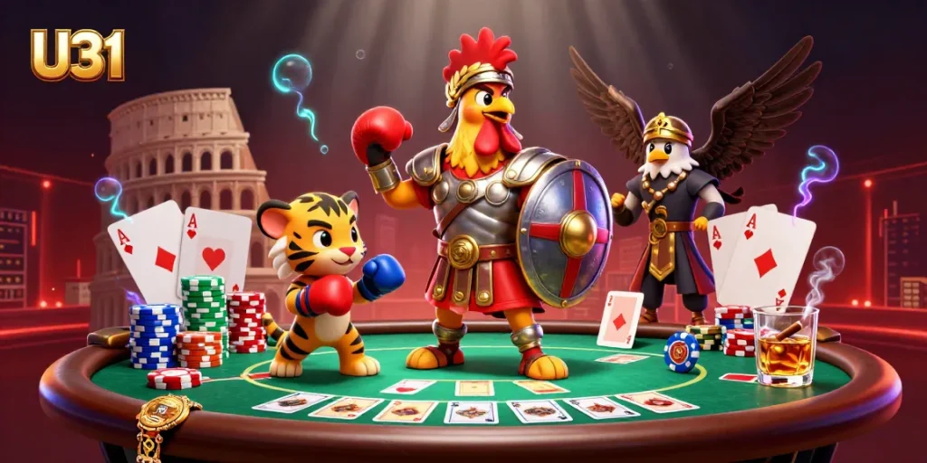 Engage in exhilarating gameplay with U31's vibrant casino atmosphere featuring a rooster warrior and poker elements.