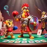 Engage in exhilarating gameplay with U31's vibrant casino atmosphere featuring a rooster warrior and poker elements.