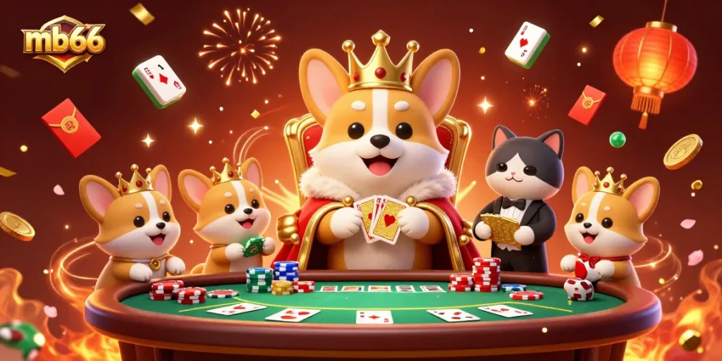 Engaging scene at mb66 featuring a royal corgi on a poker chips throne with lively gaming elements.