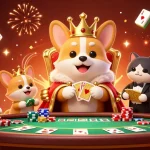 Engaging scene at mb66 featuring a royal corgi on a poker chips throne with lively gaming elements.