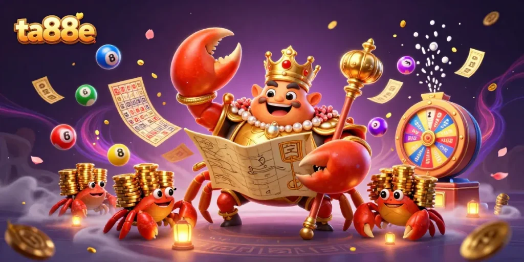 Experience excitement with ta88e as the golden crab emperor leads a dynamic casino scene filled with lottery elements.