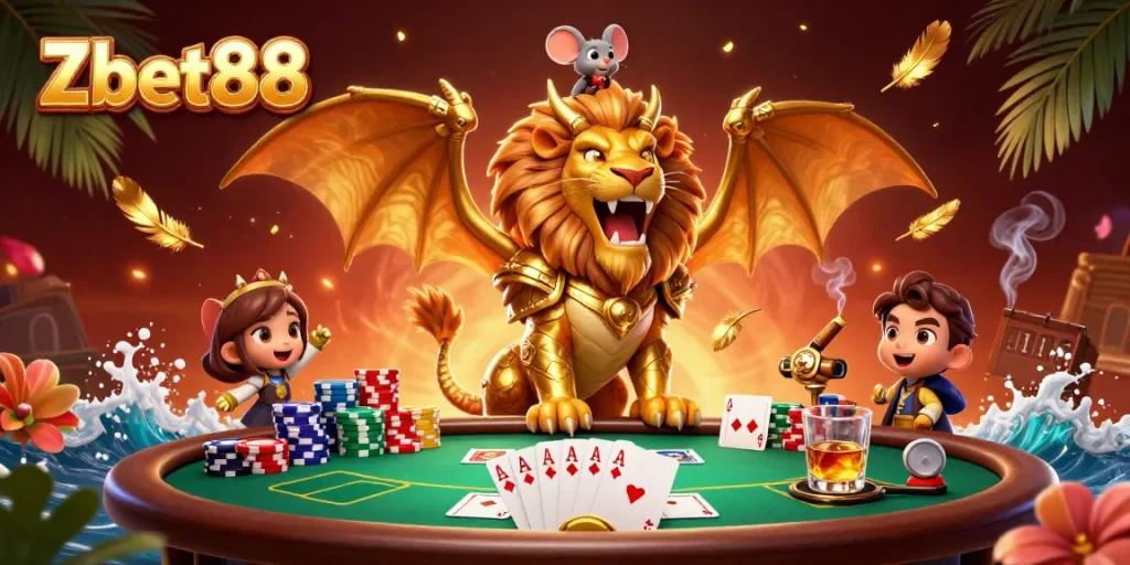 Engage in the vibrant world of Zbet88 with a dynamic poker scene featuring a roaring chimera.