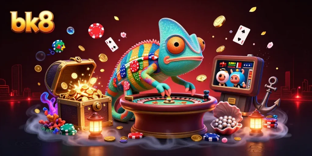 Experience exciting gameplay with bk8 in this vibrant casino-themed 3D illustration filled with dynamic elements.