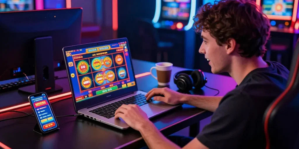 Engaged player enjoying 20 free spins on registration no deposit at a vibrant online casino setup, showcasing excitement and gaming elements.