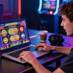Engaged player enjoying 20 free spins on registration no deposit at a vibrant online casino setup, showcasing excitement and gaming elements.