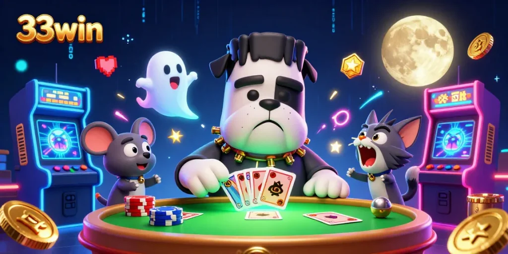 A thrilling scene of 33win's cartoon characters dealing cards and floating chips at a spooky casino table, setting the mood for exciting gameplay.