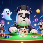A thrilling scene of 33win's cartoon characters dealing cards and floating chips at a spooky casino table, setting the mood for exciting gameplay.