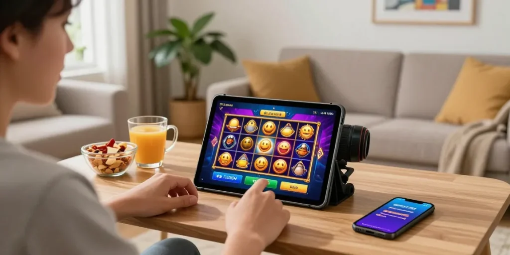 Engaging scene of slot7000 user enjoying online gaming with vibrant graphics and a cozy home atmosphere.
