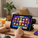 Engaging scene of slot7000 user enjoying online gaming with vibrant graphics and a cozy home atmosphere.