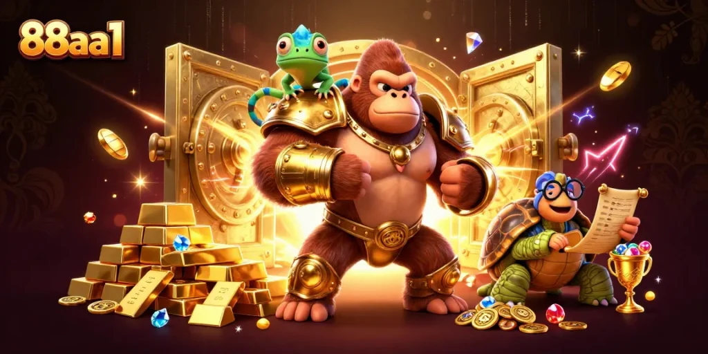 Bet on excitement with 88aa1 as the gorilla king, chameleon, and tortoise reveal treasures in an engaging scene.