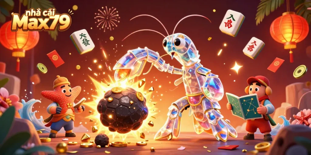 Engage with the vibrant world of nhà cái Max79 through this captivating 3D casino scene featuring dynamic gambling elements.