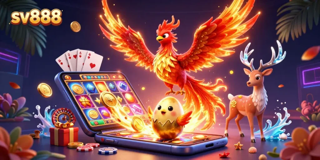 Experience winning moments at sv888 with a vibrant 3D casino scene featuring a phoenix and exciting game elements.