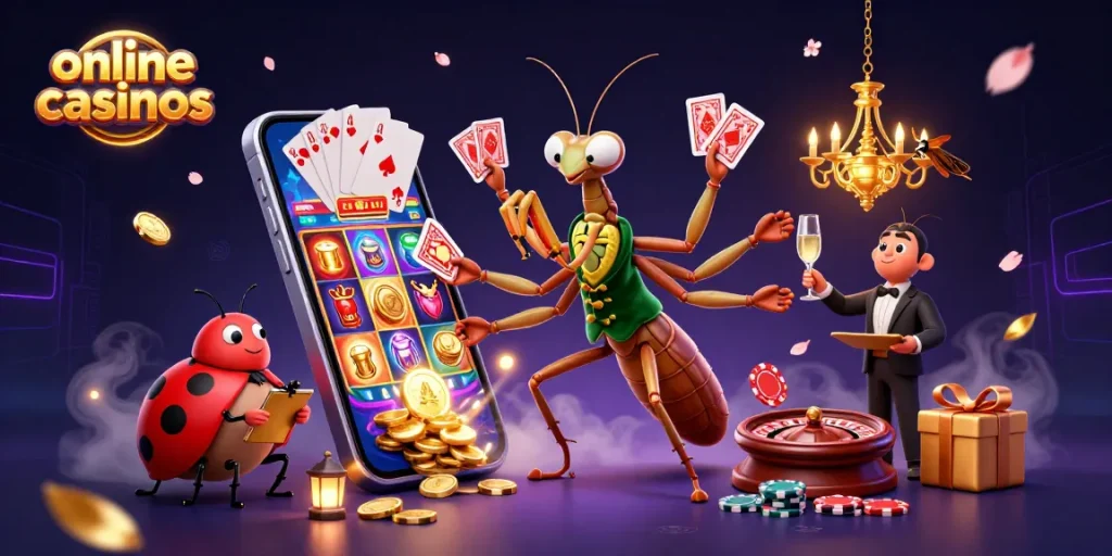 Engage with online casinos through a vibrant 3D scene showcasing a giant praying mantis and ladybug pit boss.